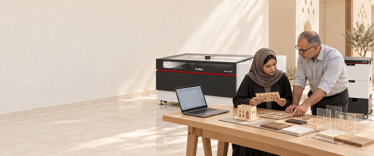 A Lawazen trainer working through laser-cut samples with a trainee