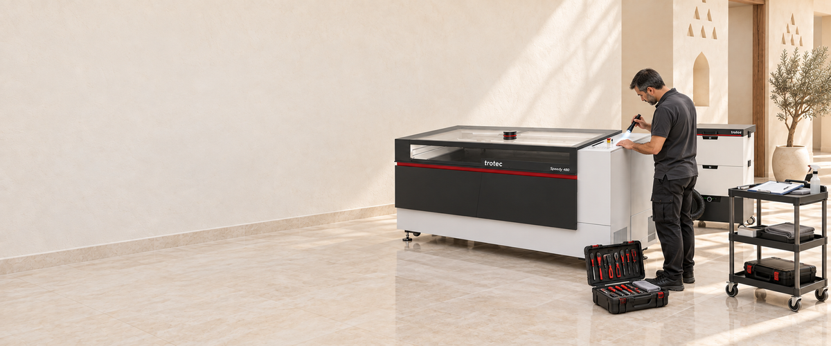 A Lawazen engineer servicing a Trotec Speedy laser on site, with his tool case and parts trolley