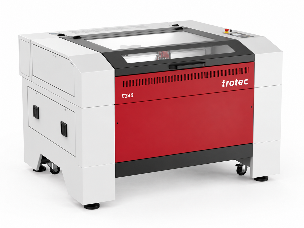 Trotec E-line 340 CO2 laser engraver, lid closed, front three-quarter view