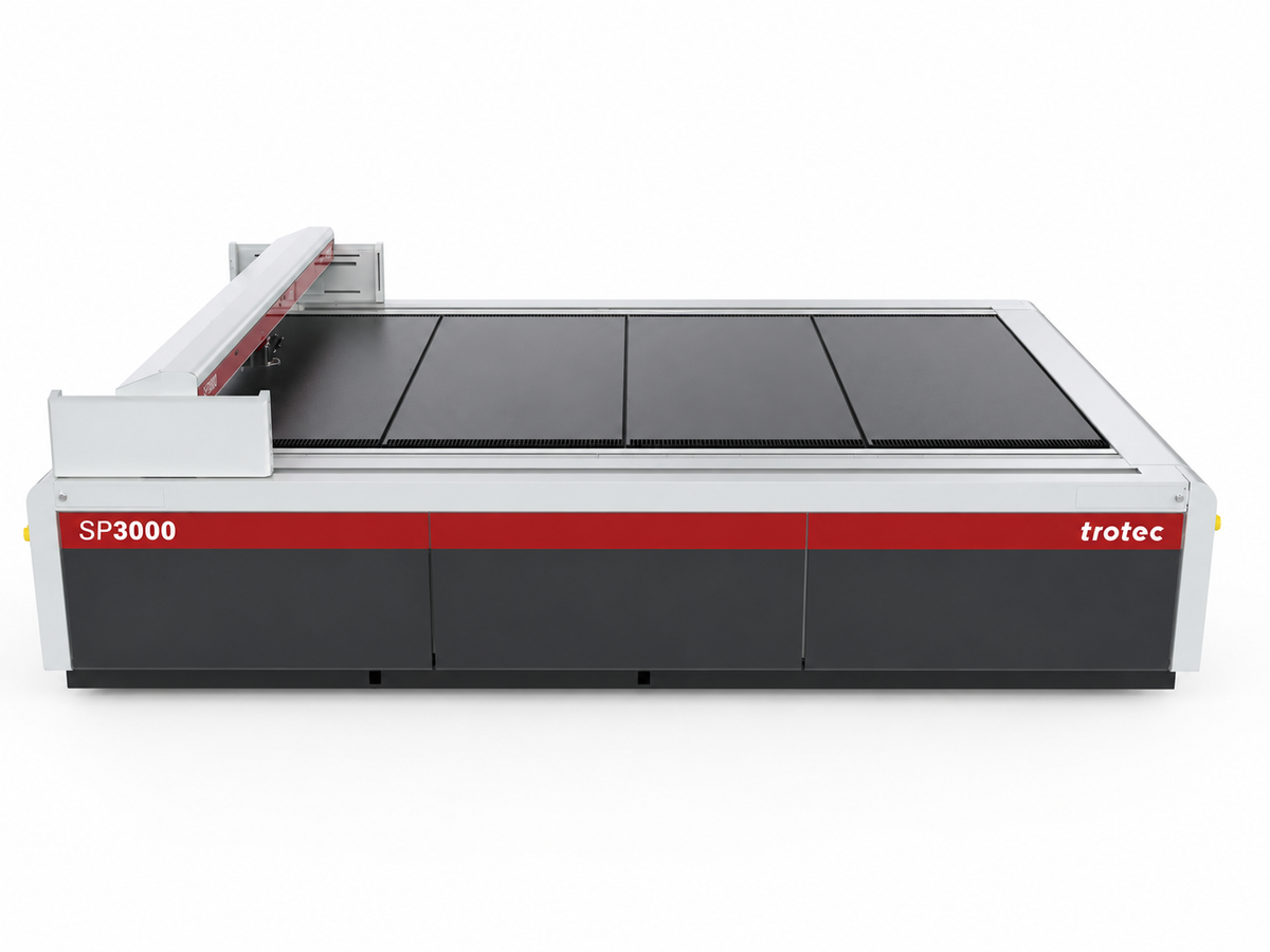 Trotec SP3000 large-format laser cutter, front three-quarter view