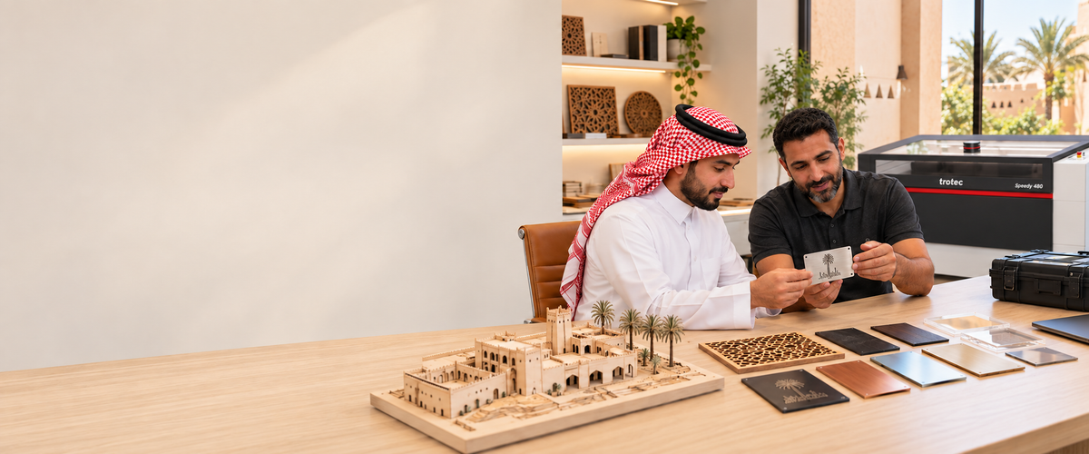 A Lawazen specialist and a client reviewing material samples and an architectural model beside a Trotec laser