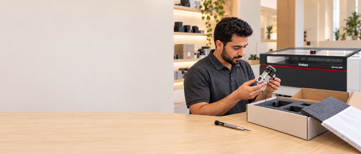 A Lawazen engineer unboxing genuine Trotec parts beside a Speedy laser