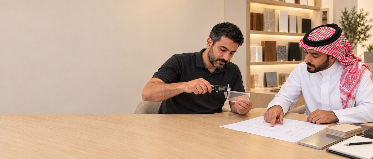 A Lawazen specialist measuring a material sample while a client marks up a drawing