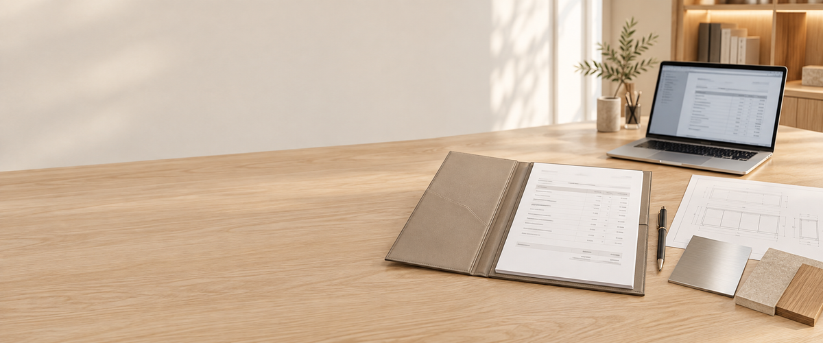 An itemised Lawazen quotation in a folder beside a laptop and material samples