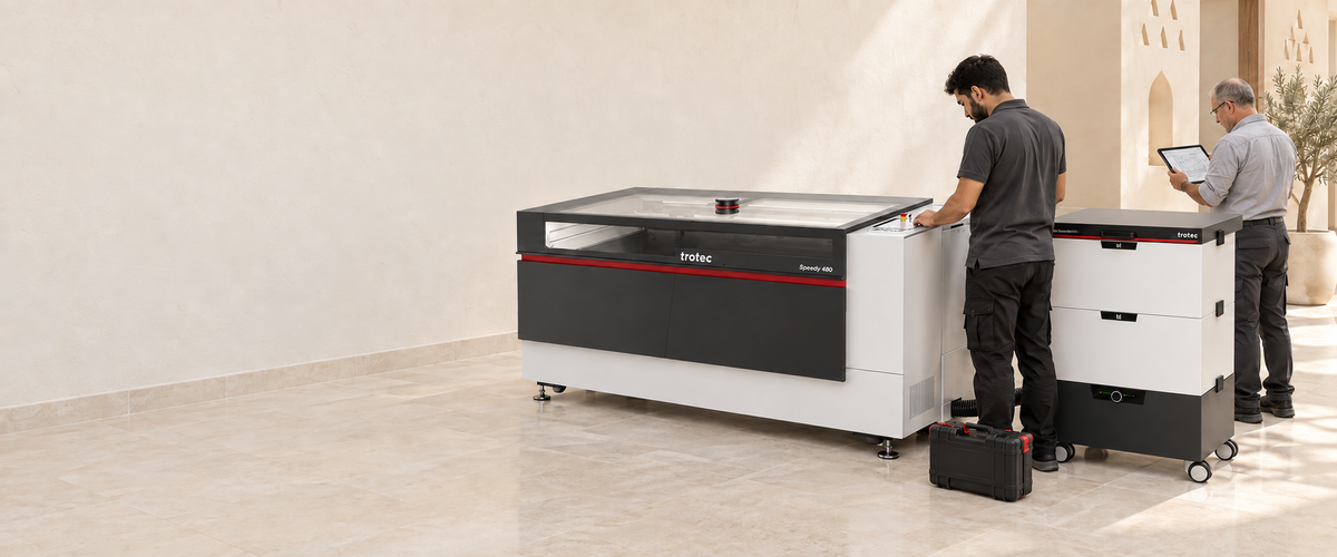 Two Lawazen engineers commissioning a Trotec laser and its exhaust unit