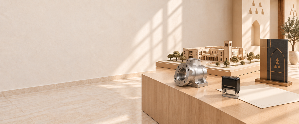 An architectural model, an engraved industrial part, a stamp and an award on a display table