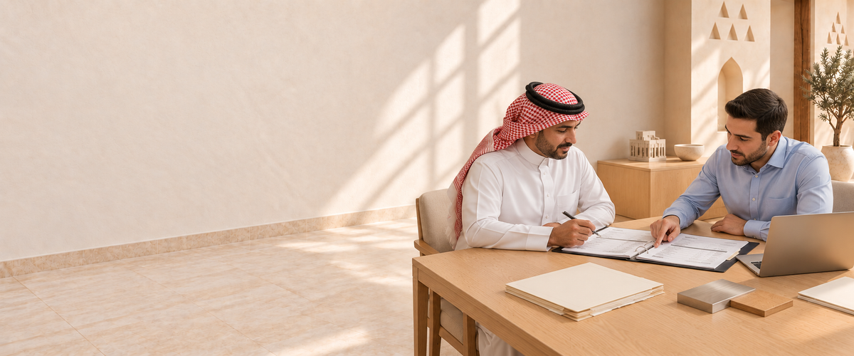 A client and a Lawazen account manager going through supplier documents
