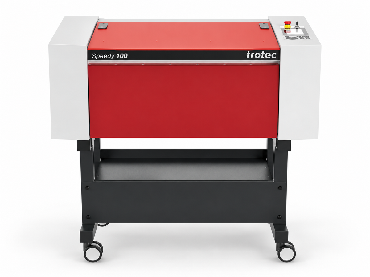 Trotec Speedy 100 laser engraver with red lid, front three-quarter view