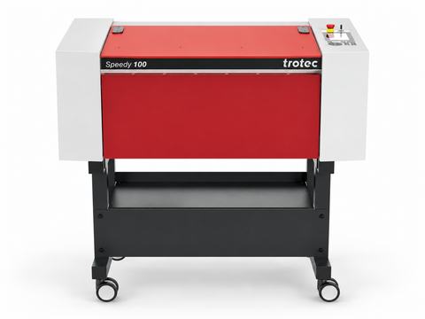 Trotec Speedy 100 laser engraver with red lid, front three-quarter view